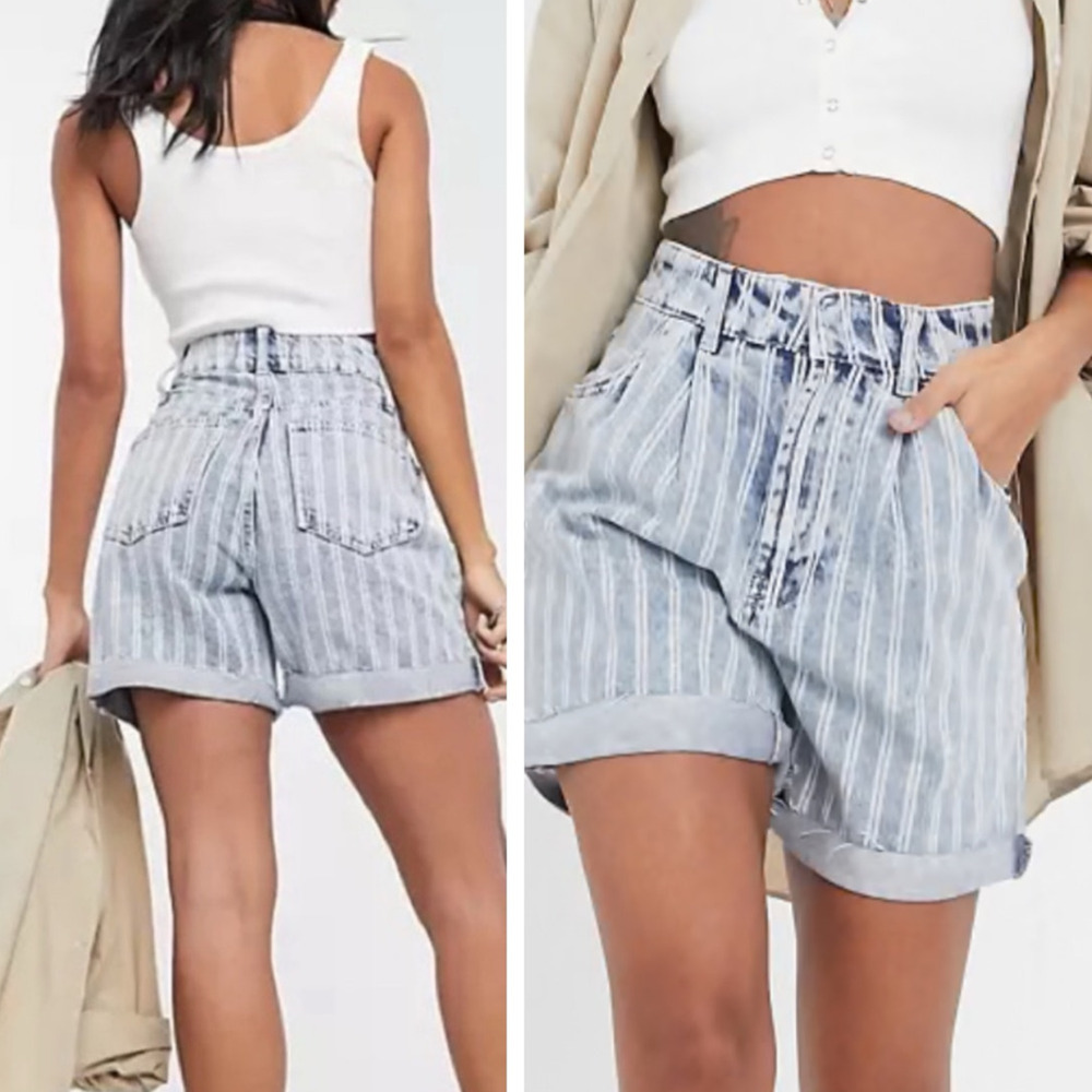 Free People Dogtown Jean Shorts 26 Striped Cutoff Denim Frayed High Rise Cuffed